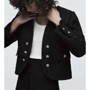 Zara Textured Jacket Black Gold Buttons Old Money Elegant Womens Size M NWOT‎